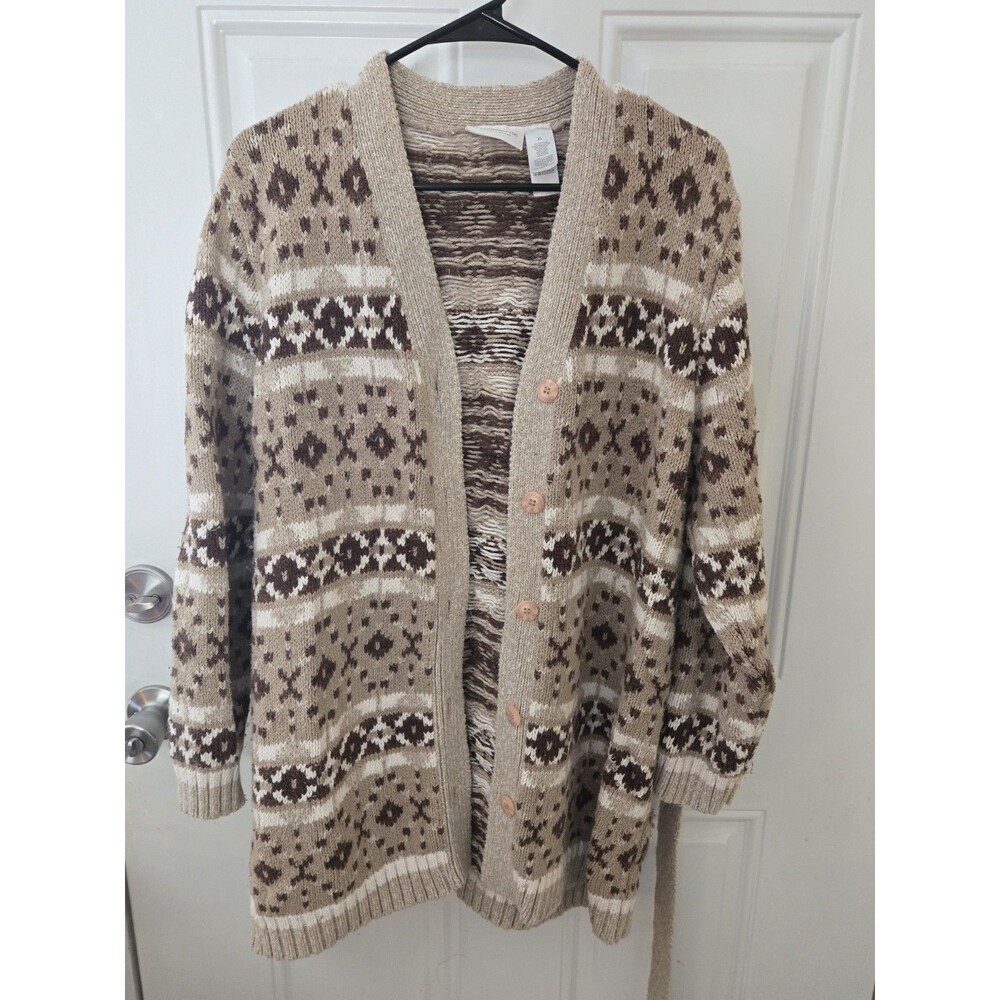 LIZ CLAIBORNE AZTEC NORDIC CARDIGAN SWEATER WRAP XL P EARTH TONES COTTON HEAVY